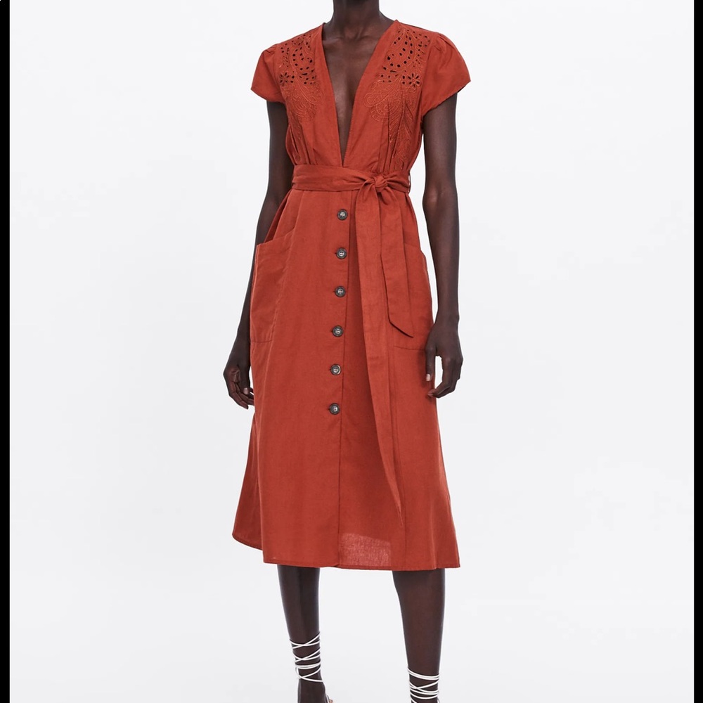 Zara burnt orange deep v-neck dress